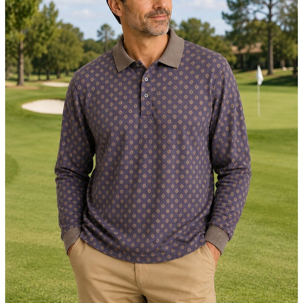 Vintage Bobby Jones Made in Italy Purple Geometric Cotton Knit Polo Shirt Large